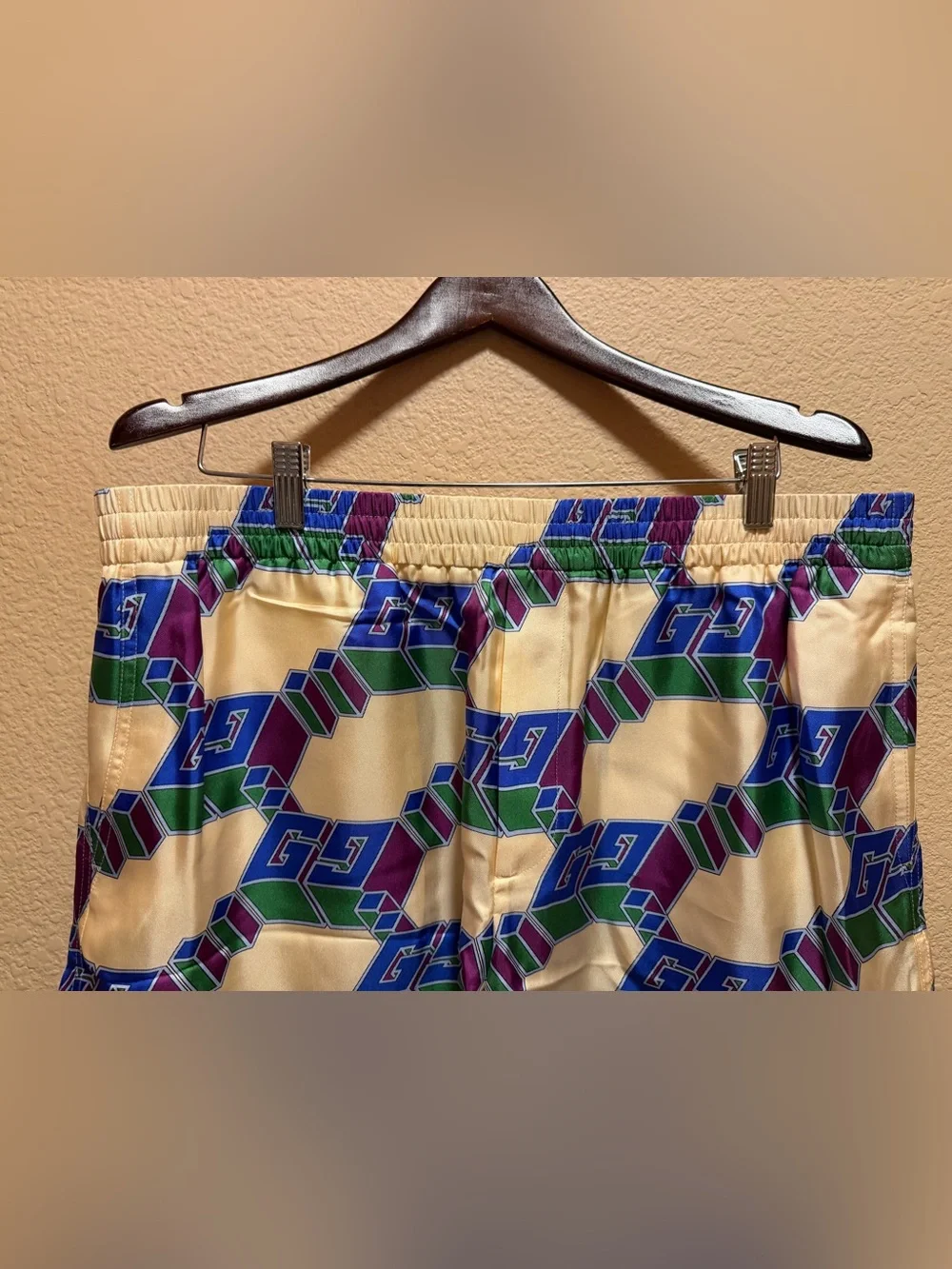 New Gucci GG Logo Silk Shorts Cream Blue Size IT 54 / US L 36 - 40 Waist